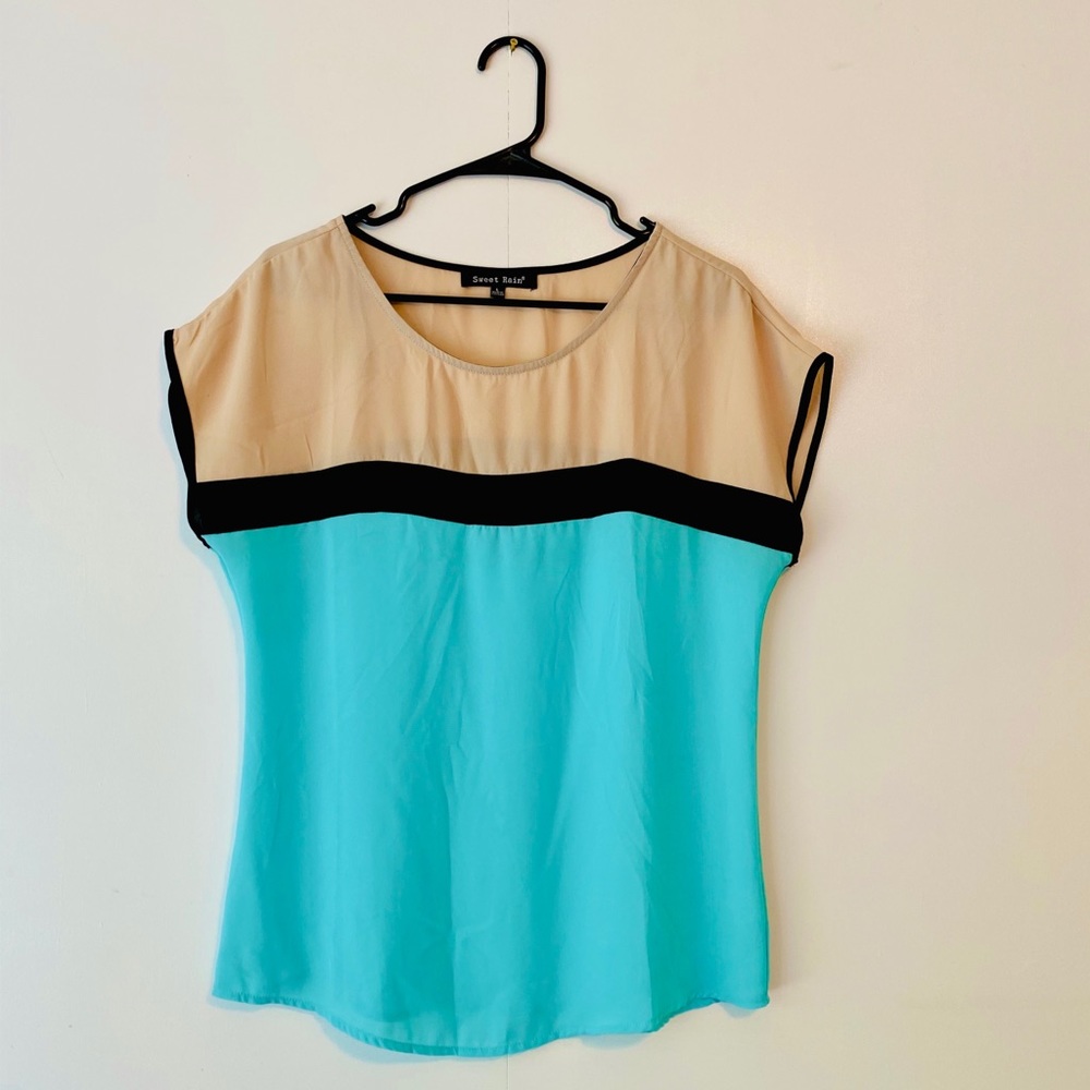 Business Casual, Work Professional, Dressy Top- Tan & Light/Aqua Blue Colorblock